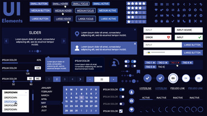 A modern UI kit featuring a collection of buttons, icons, navigation menus, and responsive design elements. Includes login forms, media players, search bars, and calendars, ideal for apps, websites