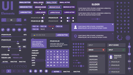 A modern UI kit featuring a collection of buttons, icons, navigation menus, and responsive design elements. Includes login forms, media players, search bars, and calendars, ideal for apps, websites