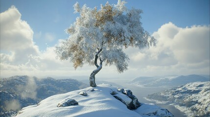 Wall Mural - snow-covered tree on a mountaintop, winter landscape.