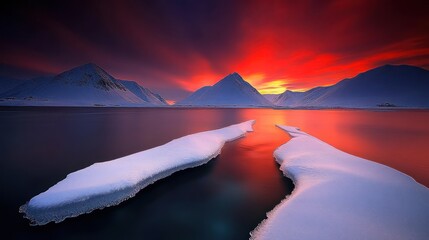 Wall Mural - vibrant red sunset over snow-covered mountains and frozen lake.