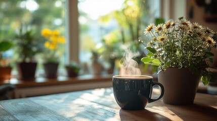 Wall Mural - A cozy coffee corner with steaming cups and stylish decor