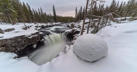 Wall Mural - snowy landscape with waterfall and snowballs.