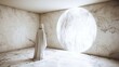 © milenialdesastudio - Woman in flowing robe stands before large circular window in minimalist room.