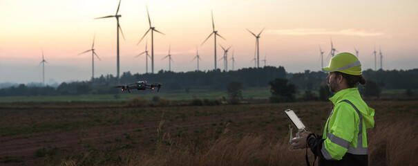 Fototapete - Survey Team Alternative energy for future. Engineers survey and checking wind turbines in sunset. Wind Turbine Renewable energy technology and sustainability.