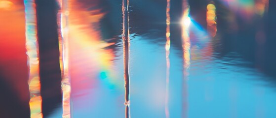 Poster - Vibrant reflections of light and color shimmering on calm water surface in a tranquil environment during daylight