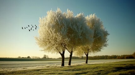 Wall Mural - two frost-covered trees in a field at sunrise, birds in flight.