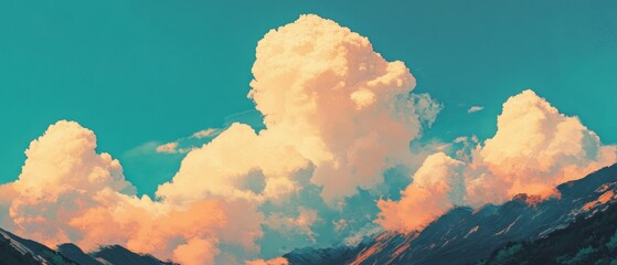 Poster - Dramatic clouds rise above mountain peaks during sunset showcasing vibrant colors and stunning natural beauty
