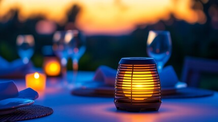 Wall Mural - A cozy dining setup with a glowing lantern and elegant glassware at sunset.