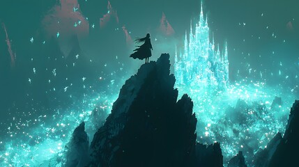 Poster - A young girl standing atop a shimmering ice castle, her hair flowing in the wind as magical creatures gather around her, glowing softly