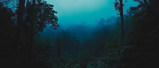 Poster - Misty forest landscape during early morning light showcasing dense greenery and atmospheric depth