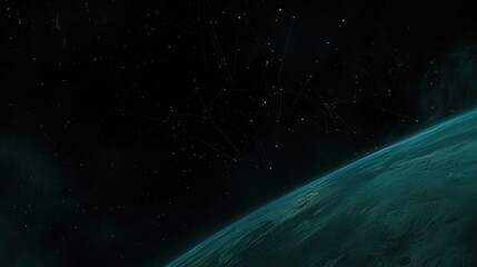Wall Mural - dark teal earth with glowing network connections in space.