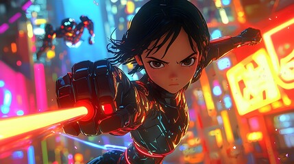 Aufkleber - A girl using a glowing whip to fend off attacking robots in a neon-lit futuristic city, her expression fierce and focused