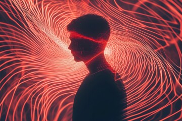 Poster - Person standing amidst swirling lines and abstract shapes in a contemplative moment of creativity and introspection at dusk. Generative AI