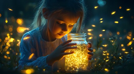 Aufkleber - A girl holding a 3D jar of glowing fireflies, as 2D trails of light swirl and escape into the dark, creating a magical scene