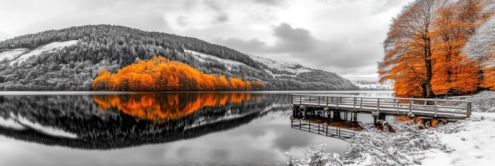 Wall Mural - panoramic view of serene lake reflecting orange autumn trees, snow-covered hills, and wooden dock in