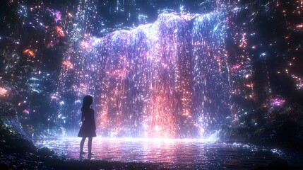 Poster - A kid standing under a glowing 3D waterfall, as 2D animated streams of light cascade around them, creating a sense of wonder and play