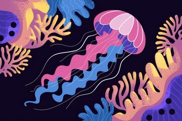 Poster - A vibrant jellyfish swims gracefully amidst colorful coral and abstract ocean flora.