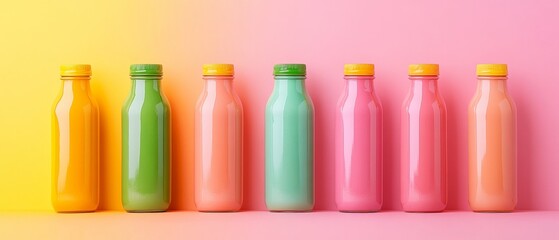 Aufkleber - Vibrant Green Smoothie Display Rainbow Gradient Juice Bottles on Wooden Surface - Fresh Beverage Marketing for Modern Health and Wellness Industry