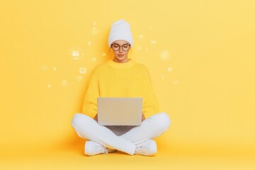 Aufkleber - Minimalist Tech Innovation Young Woman with Laptop on Vibrant Yellow Background - Futuristic Digital Marketing and Business Solutions for Modern Enterprises