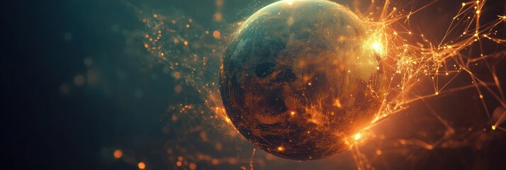 Fototapete - Glowing digital globe with flowing lines and points creating a captivating visual in a futuristic setting. Generative AI