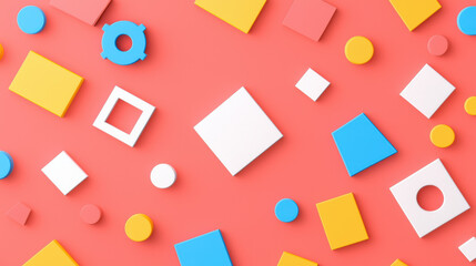 Poster - Colorful geometric shapes scattered on vibrant coral background create playful and dynamic composition