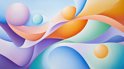 Poster - Vibrant abstract artwork featuring colorful shapes and flowing lines. composition includes soft curves and spheres pastel hues, creating dynamic