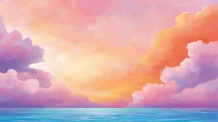 Poster - serene sunset over calm waters, featuring vibrant pink and orange clouds