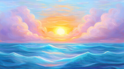 Poster - vibrant sunset over ocean, with colorful clouds and gentle waves. scene evokes tranquility and beauty
