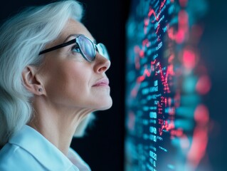 Poster - Futuristic Business Presentation Senior Woman in Professional Attire Engages with Interactive Data Visualization Screen - Cutting-Edge Analytics and Strategic Corporate Intelligence