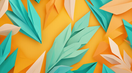 Poster - Colorful paper leaves in turquoise, orange, and cream on yellow background create vibrant, artistic composition