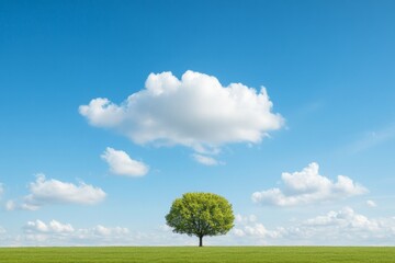 Poster - Minimalist Nature Visualization Solitary Tree in Verdant Field Against Blue Sky - Ideal for Eco-Content and Modern Environmental Design Concepts