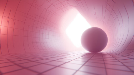Poster - spherical object in glowing tunnel with grid pattern, creating surreal atmosphere