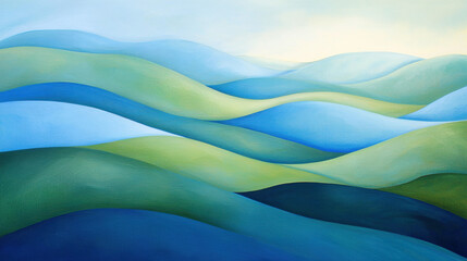 Aufkleber - Serene landscape with rolling hills in shades of blue and green, evoking tranquility and calmness