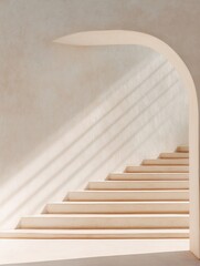 Aufkleber - Minimalist Architectural Curved Wooden Staircase in Soft Sunlit Ambiance for Sustainable Design and Modern Interior Marketing