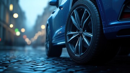 Sticker - Blue car parked on cobblestone street at night.