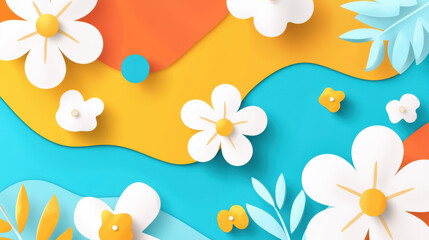 Aufkleber - Bright and colorful floral design with white flowers on vibrant background