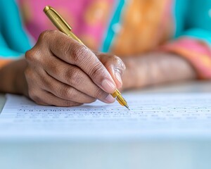 Aufkleber - Youth-Centric Exam Prep Close-Up Indian Students Hand with Gold Pen on OMR Sheet for Government Tests - Educational Focus and Academic Success Content