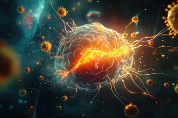 Aufkleber - Magnified view of a human cell under attack by a virus in a dynamic, biological environment. Generative AI