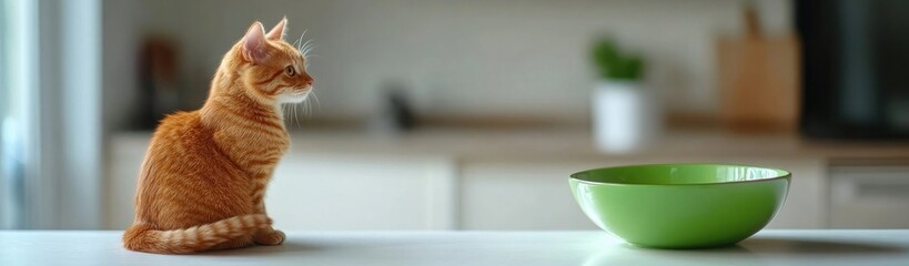 Aufkleber - A shot of an orange cat sitting on the white kitchen counter, with a green bowl in the background, blurred background, blurred face, blurred foreground