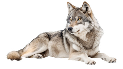  A majestic gray wolf with piercing yellow eyes isolated on a transparent background, PNG