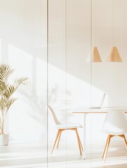Poster - Minimalist Workspace Scandinavian Wooden Furniture and Laptop in Sunlit Office - Eco-Friendly Design for Modern Corporate Creativity and Productivity