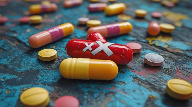 A classroom poster with an anti-drug message, featuring illustrations of crossed-out pills and encouraging words