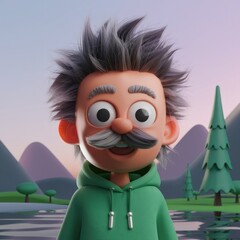 Poster - A cheerful 3D cartoon grandpa with gray hair and a mustache, wearing a green hoodie, smiles happily against a serene landscape backdrop.