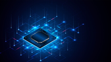 Leinwandbilder - Microchip processor circuit board technology on dark blue background. Information Processing Concept. Circuit board hi-tech technology background. vector illustration	