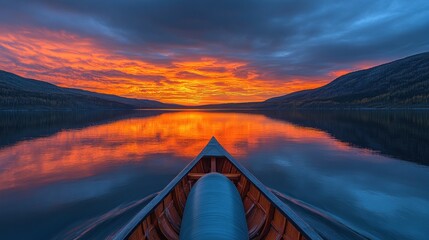 Poster - Canoeing at sunset, vibrant reflection on calm lake.