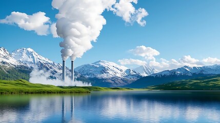 Wall Mural - Eco Friendly Geothermal Power Plant Nestled in Snowy Mountain Landscape with Serene Lake and Majestic Peaks in the Background