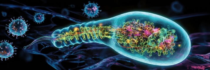 Aufkleber - Magnified human cell under attack by virus with vibrant colors depicting cellular structures and invading pathogens. Generative AI