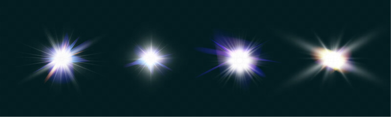 Aufkleber - Set of glowing light effects with lens flares, starbursts, and radiant beams on a transparent background. Bright, luminous elements suitable for overlays and decoration.