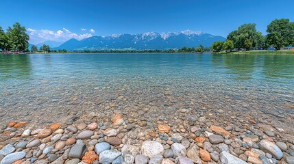 Wall Mural - Clear lake with pebble shore and mountain backdrop.