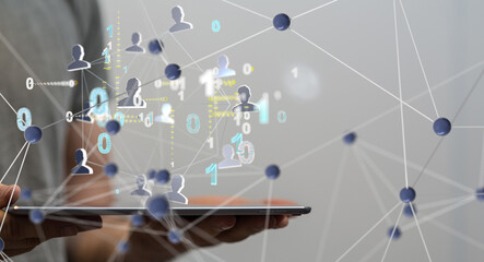 Poster - Global network. Blockchain. 3D illustration. Neural networks and artificial intelligence. Abstract  3d